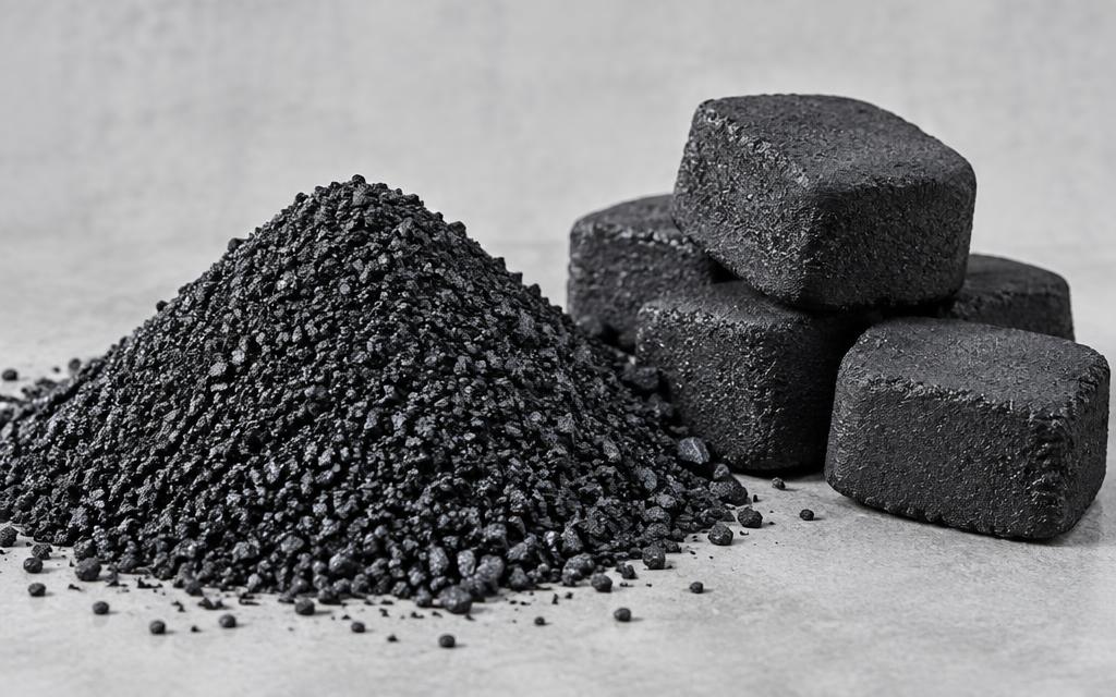 Carbon grains and briquettes